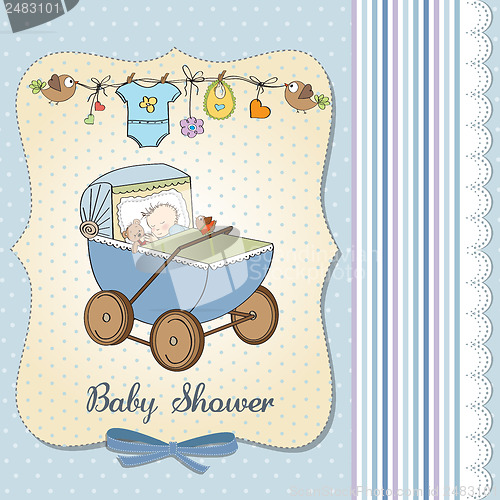 Image of baby boy shower card with retro strolller