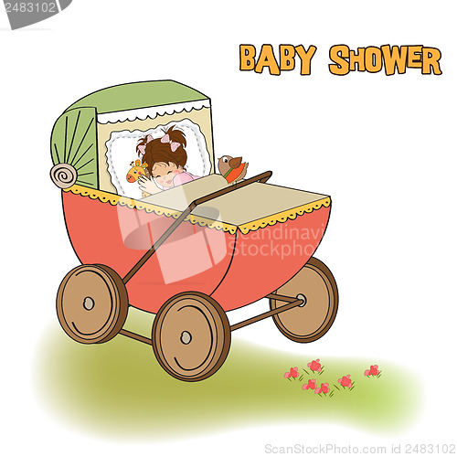 Image of baby girl shower card with retro strolller