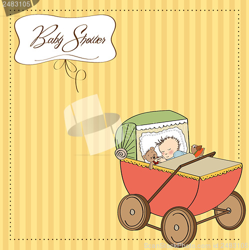 Image of baby boy shower card with retro strolller