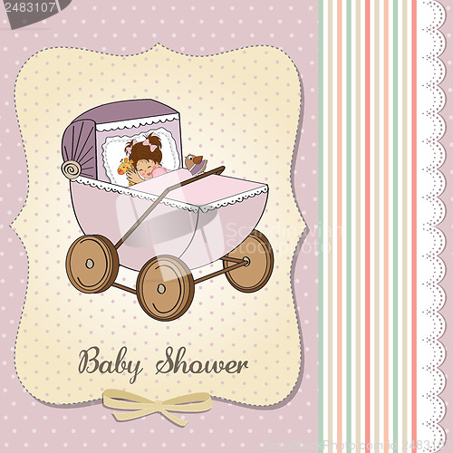 Image of baby girl shower card with retro strolller