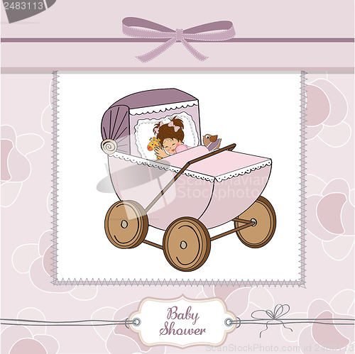 Image of baby girl shower card with retro strolller