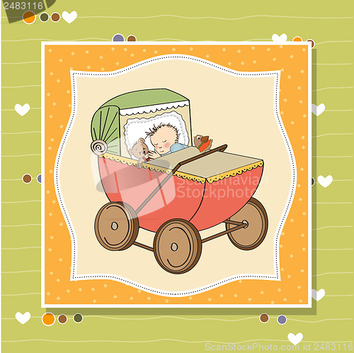 Image of baby boy shower card with retro strolller