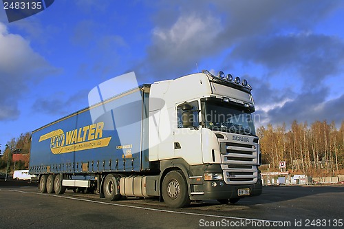 Image of Big White Scania Truck and Trailer