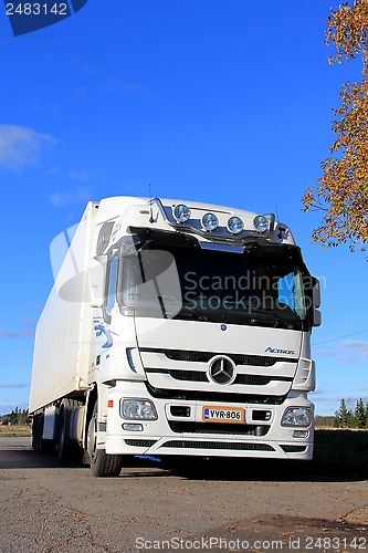 Image of White Mercedes-Benz Actros Truck on a Clear Autumn Day