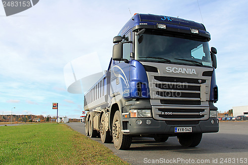 Image of Blue Scania Tipper Truck on a parking lot