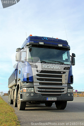 Image of Blue Scania Tipper Truck on a parking lot