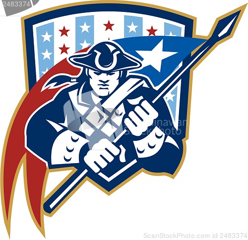 Image of American Patriot Holding Brandish Flag Crest