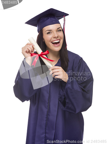 Image of Mixed Race Graduate in Cap and Gown Holding Her Diploma
