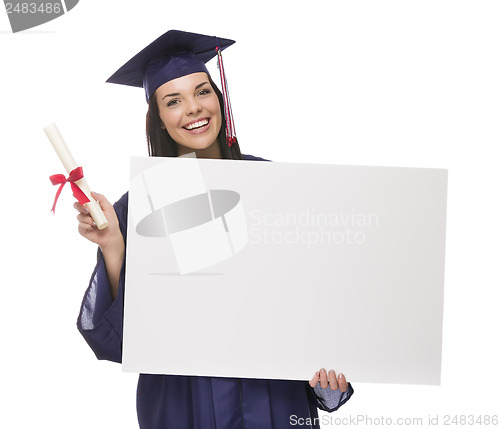 Image of Female Graduate in Cap and Gown Holding Blank Sign, Diploma