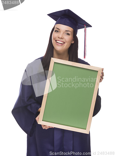 Image of Mixed Race Female Graduate in Cap and Gown Holding Chalkboard
