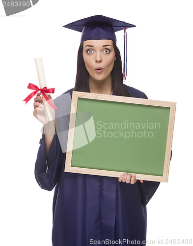 Image of Female Graduate in Cap and Gown Holding Diploma,
Blank Chalkboar