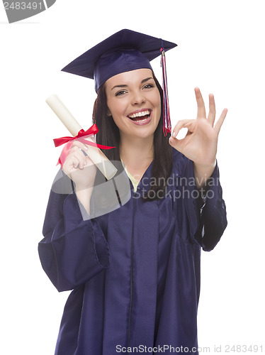 Image of Mixed Race Graduate in Cap and Gown Holding Her Diploma
