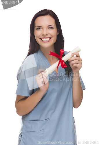 Image of Mixed Race Female Nurse or Doctor With Diploma Wearing Scrubs