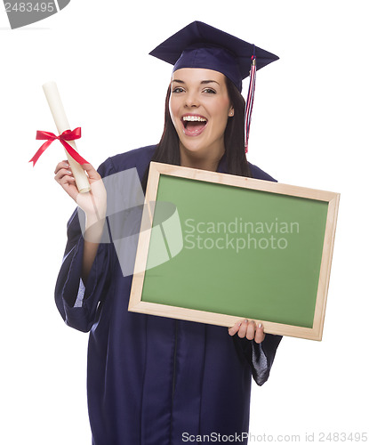 Image of Female Graduate in Cap and Gown Holding Diploma,
Blank Chalkboar