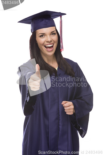 Image of Mixed Race Graduate in Cap and Gown with Thumbs Up