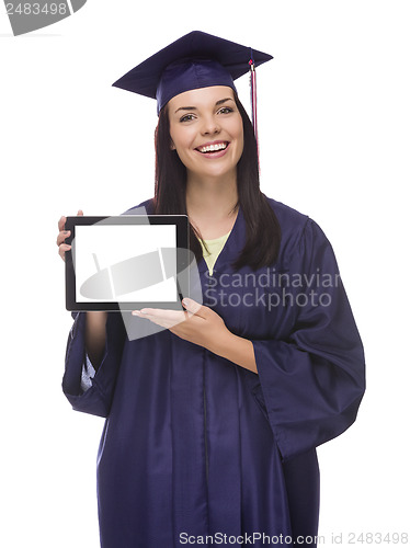 Image of Female Graduate in Cap and Gown Holding Blank Computer Tablet