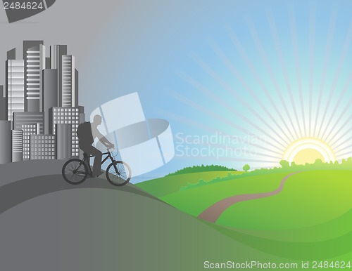 Image of The cyclist leaves city. Vector illustration