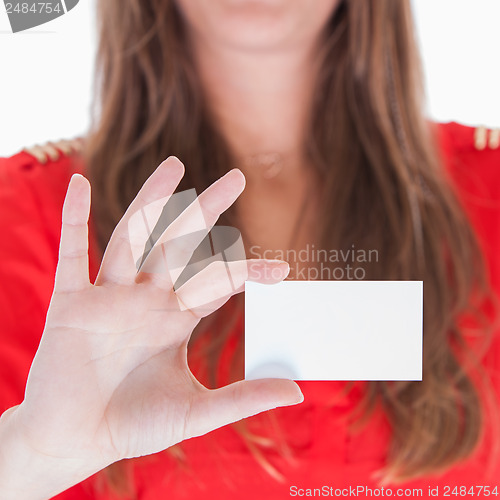 Image of Woman showing a blank business card