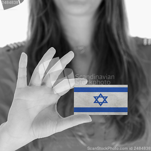 Image of Woman showing a business card