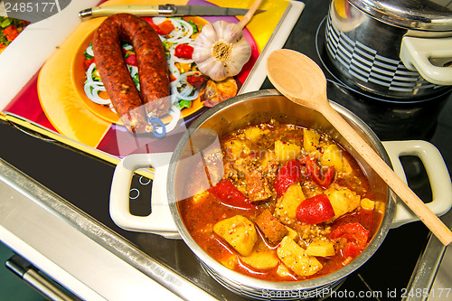 Image of Spanish stew with chorizo sausage