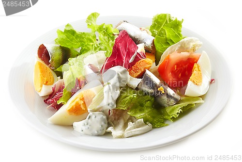 Image of fresh salad with eggs and anchovies