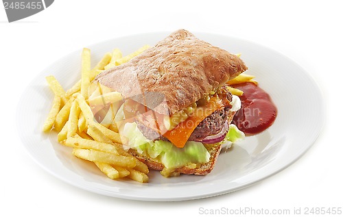 Image of beef burger and french fries 