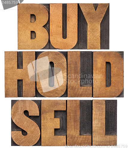 Image of buy, hold, sell in wood type