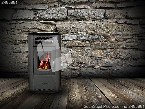 Image of grunge interior backdrop with burning stove