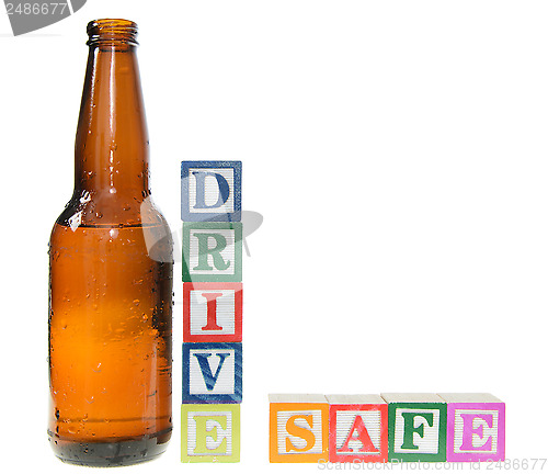 Image of Letter blocks spelling drive safe with a beer bottle