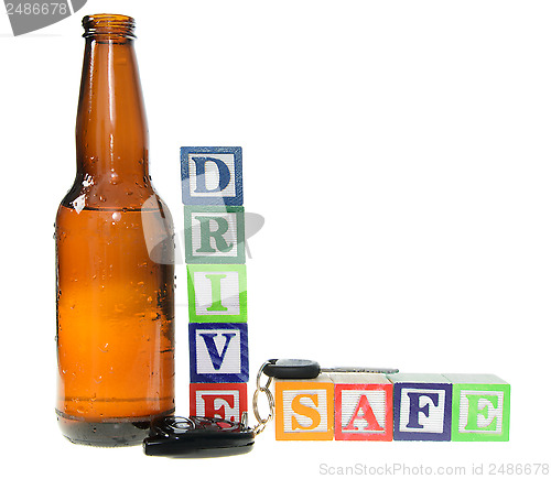 Image of Letter blocks spelling drive safe with a beer bottle and keys