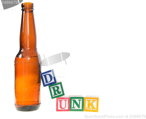 Image of Letter blocks spelling drunk with a beer bottle