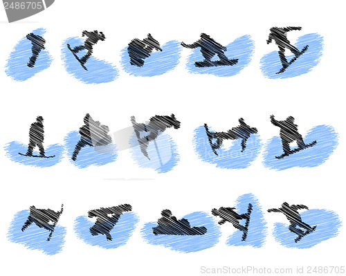 Image of Set of snowboard athlete grunge silhouettes