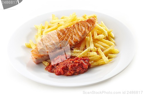 Image of grilled salmon fillet and french fries
