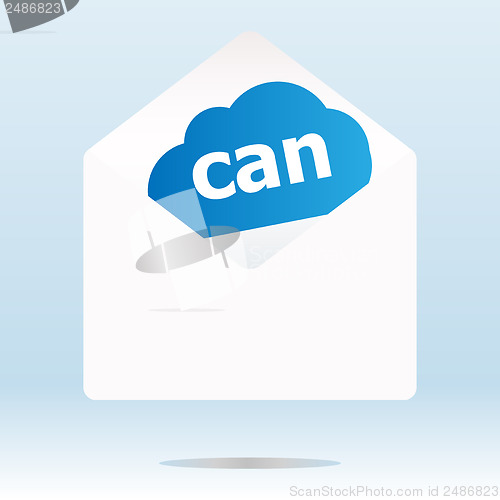 Image of can word blue cloud on white mail envelope