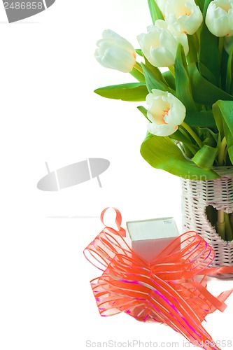 Image of tulips in basket with heart and giftbox