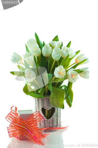 Image of tulips in basket with heart and giftbox