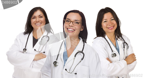 Image of Three Hispanic and Mixed Race Female Doctors or Nurses