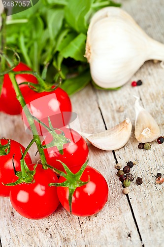 Image of fresh tomatoes, rucola, garlic and peppercorns 