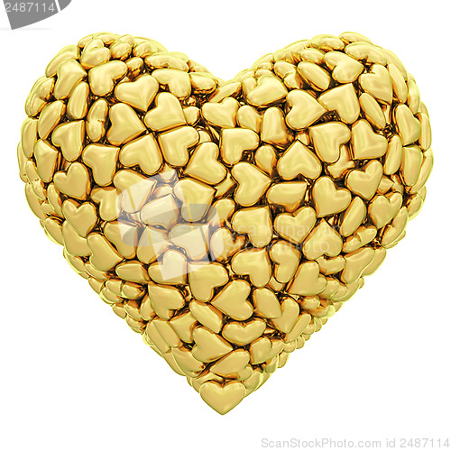 Image of Heart shape composed of many golden hearts isolated on white