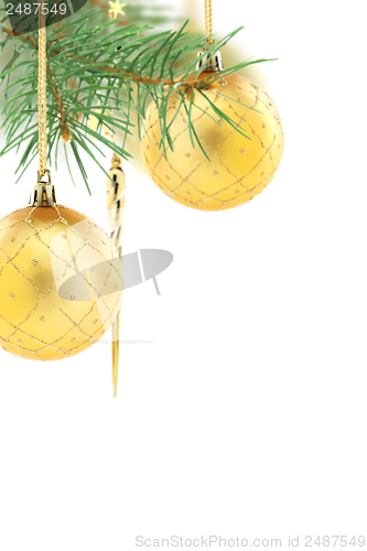 Image of Christmas golden balls on spruce branch.