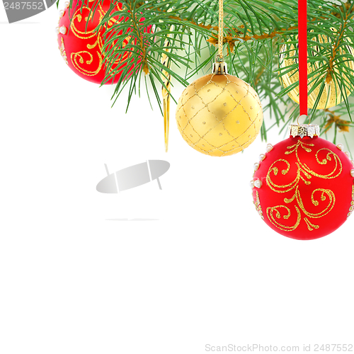 Image of Red and gold Christmas balls. Collage.