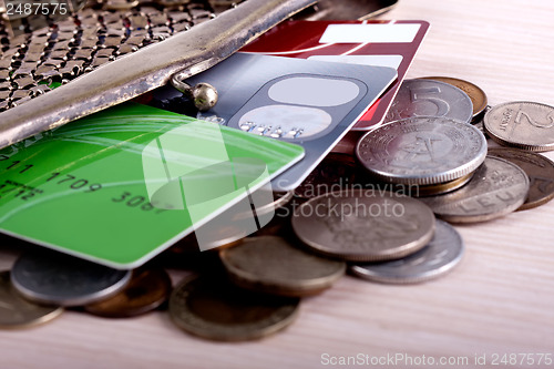 Image of wallet with credit cards and coins