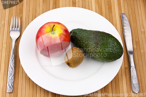 Image of kiwi, avocado and apple on a plate with cutlery