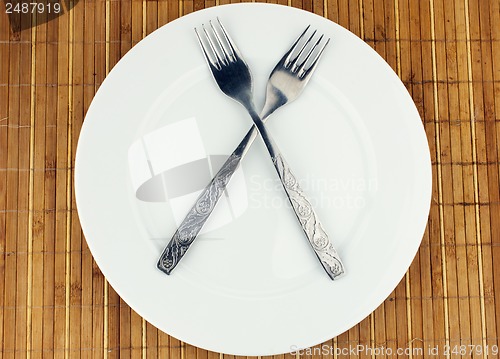 Image of White plate, fork crosswise