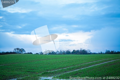 Image of beautiful landscape of green farmland and blue sky