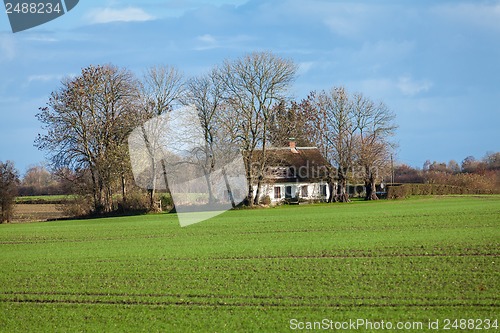 Image of beautiful landscape of green farmland and blue sky