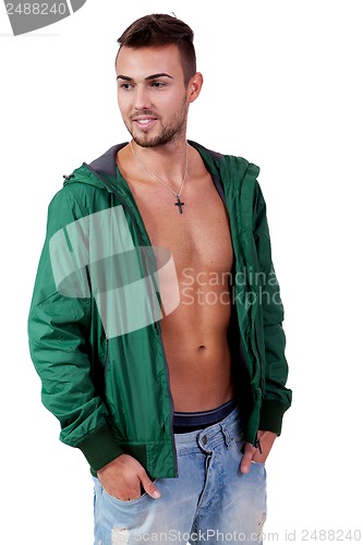Image of young adult man with green jacket portrait isolated