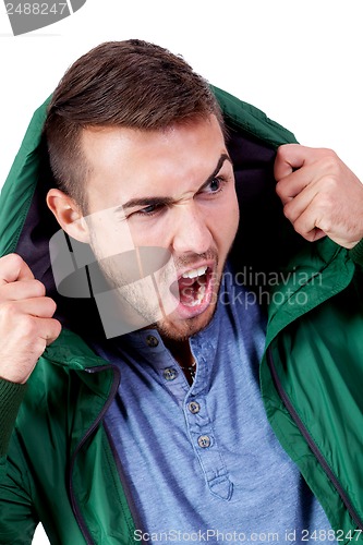 Image of young adult man with green jacket portrait isolated