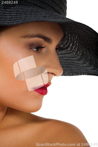 Image of glamour woman with black hat and red lips