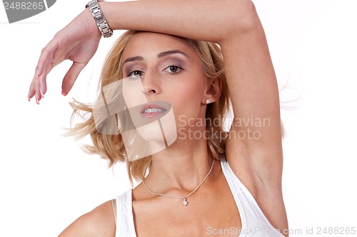 Image of attractive young smiling blonde woman isolated